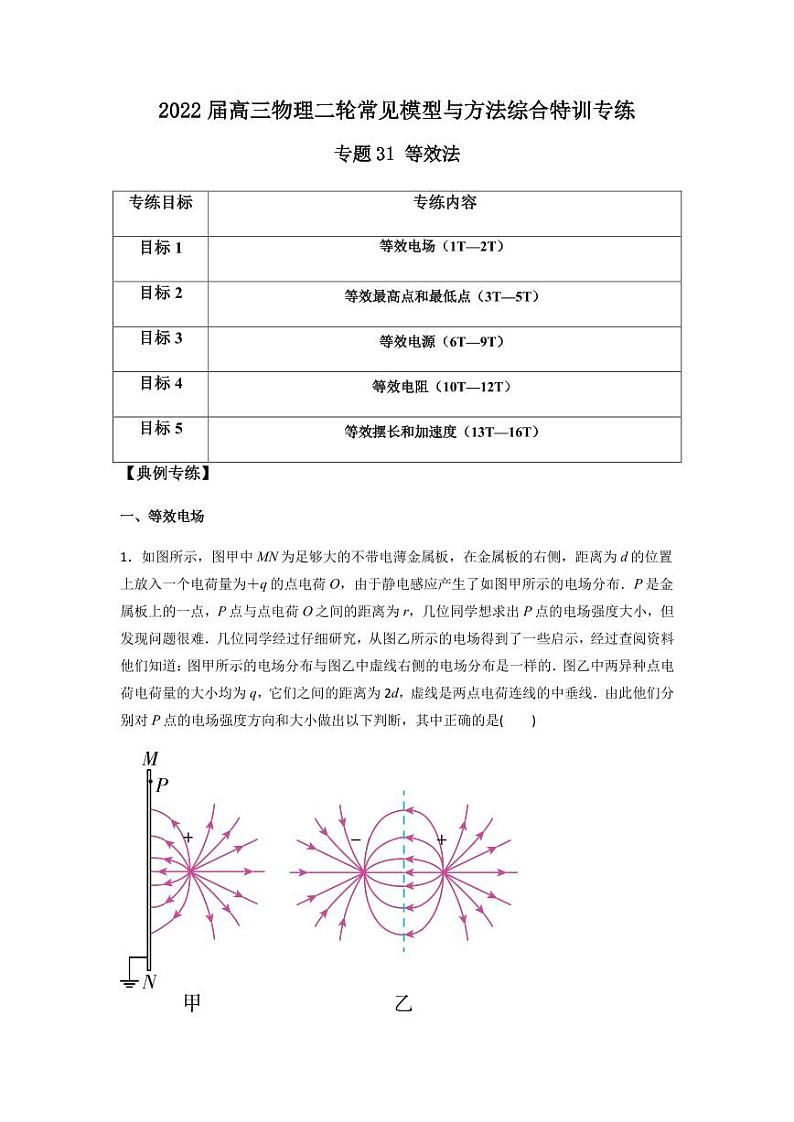 2022 届高三物理二轮常见模型与方法综合特训专练专题31 等效法01