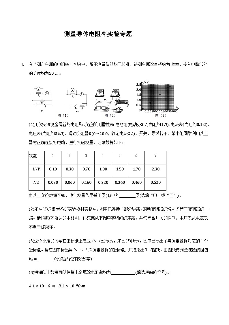 2021届高三物理二轮复习实验部分测量导体电阻率实验专题（含解析）01