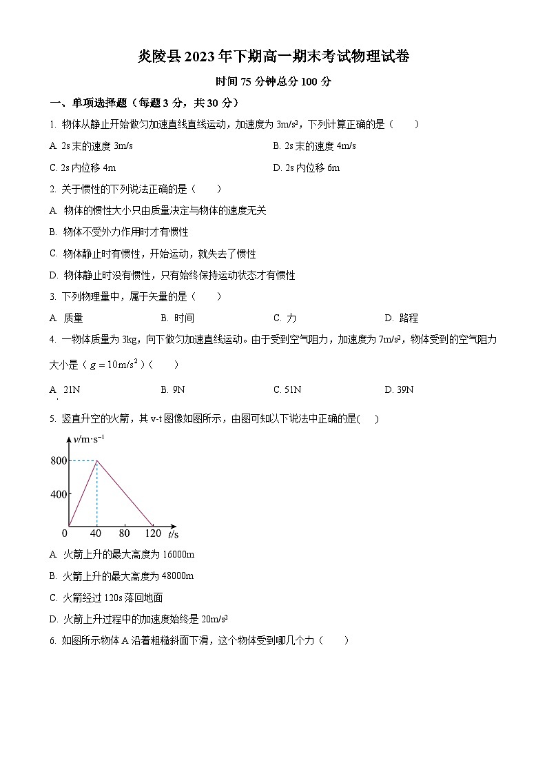 2024株洲炎陵县高一上学期期末考试物理含解析01
