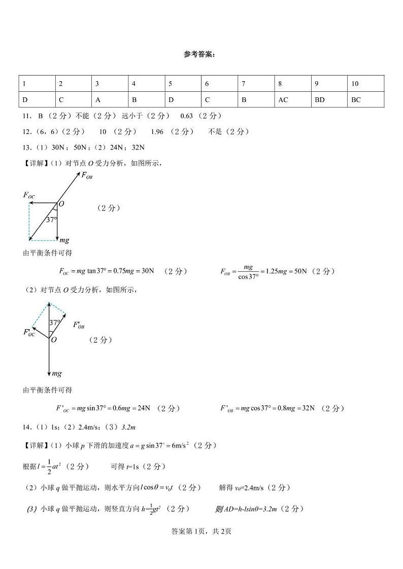 2024湖北省A9高中联盟高一上学期期末联考试题物理含答案01