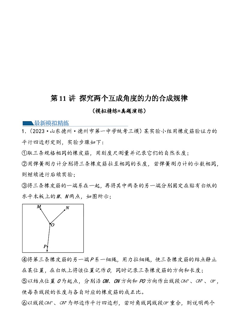 （新高考）2024年高考物理复习第11讲 探究两个互成角度的力的合成规律（原卷练习）（原卷版+解析）第1页