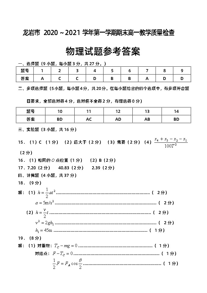 2020-2021学年第一学期期末高一物理答案第1页