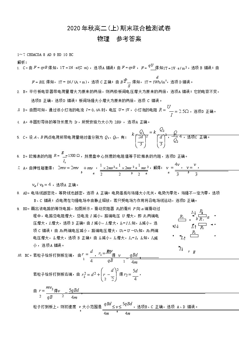 重庆市2020-2021学年高二上学期期末联合检测试卷物理（答案）第1页