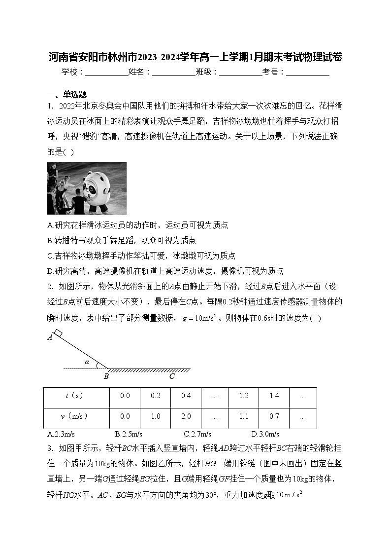河南省安阳市林州市2023-2024学年高一上学期1月期末考试物理试卷(含答案)01