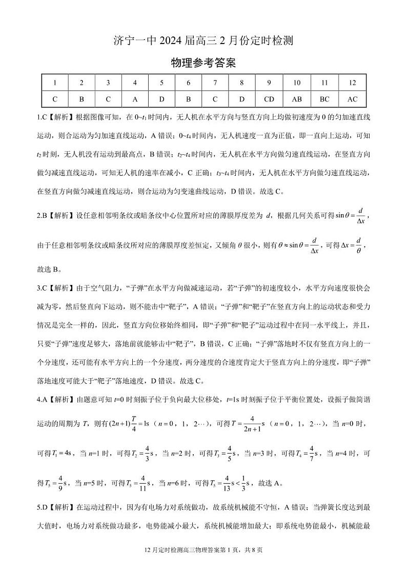 济宁一中2024届高三2月份定时检测物理试题详解第1页
