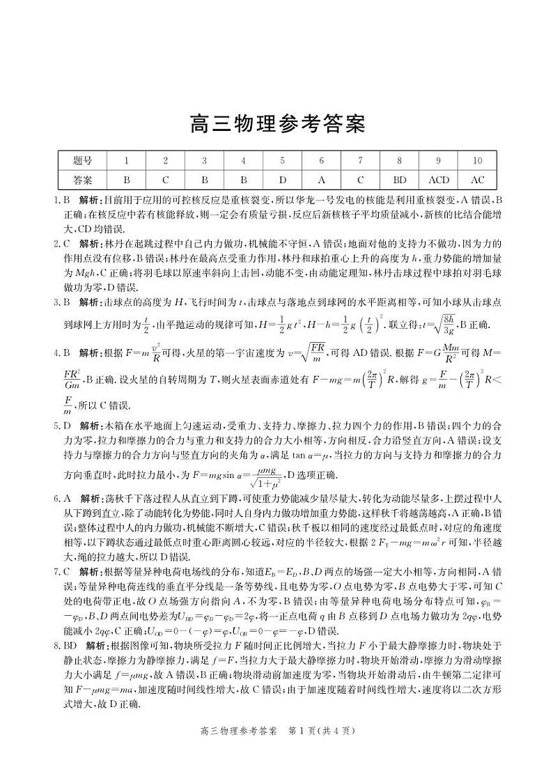 河北省邯郸市2021届高三上学期期末考试物理答案第1页