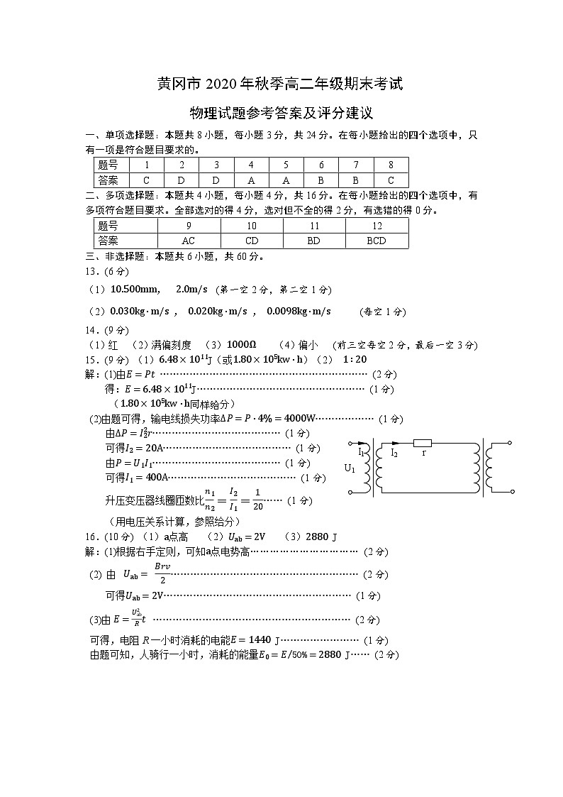 湖北省黄冈市2020-2021学年高二上学期期末调研考试物理试题（图片版）01