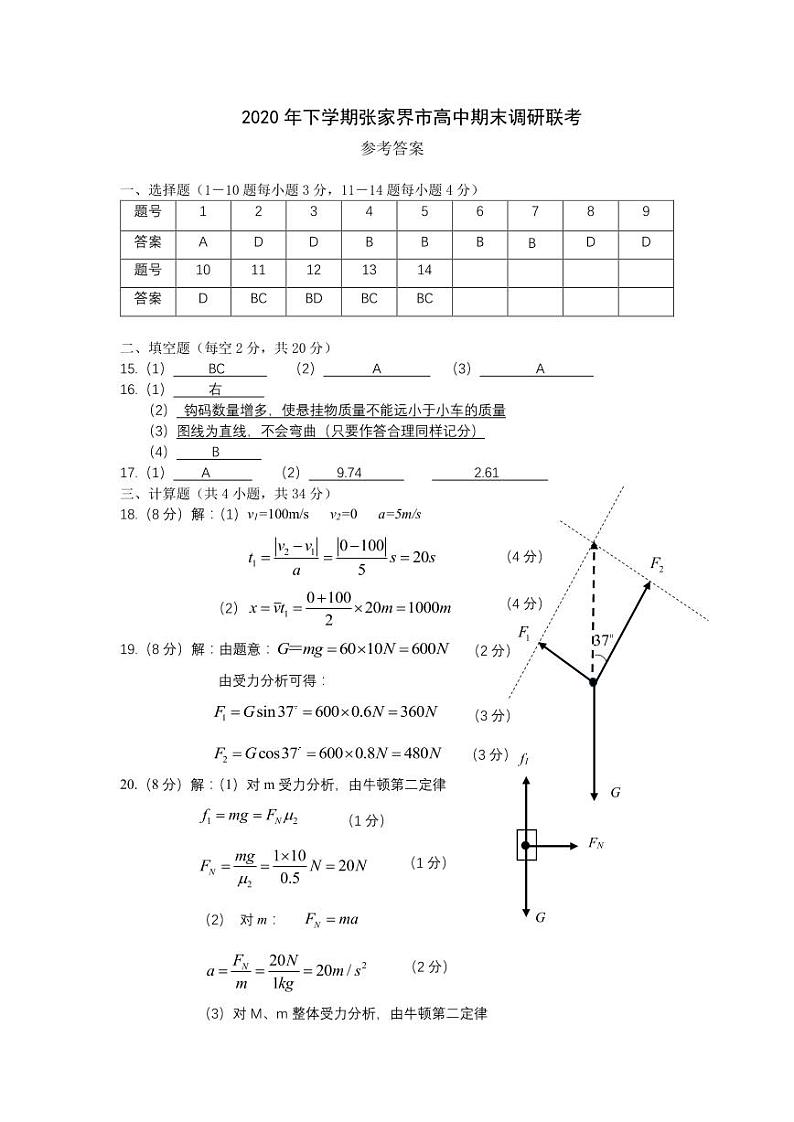 湖南省张家界市2020-2021学年高一上学期期末考试物理试题01