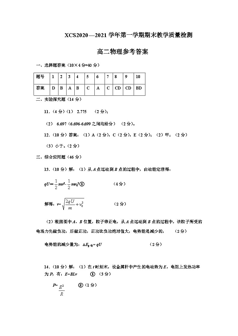 河南省许昌市2020-2021学年高二第一学期期末教学质量检测物理试题（图片版含答案）01