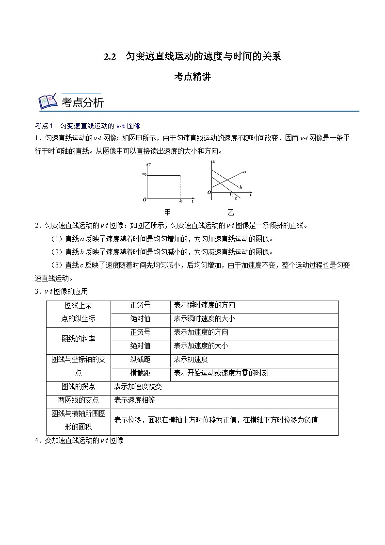 （新人教版必修第一册）高一物理精讲精练 2.2  匀变速直线运动的速度与时间的关系  （原卷版+解析）第1页