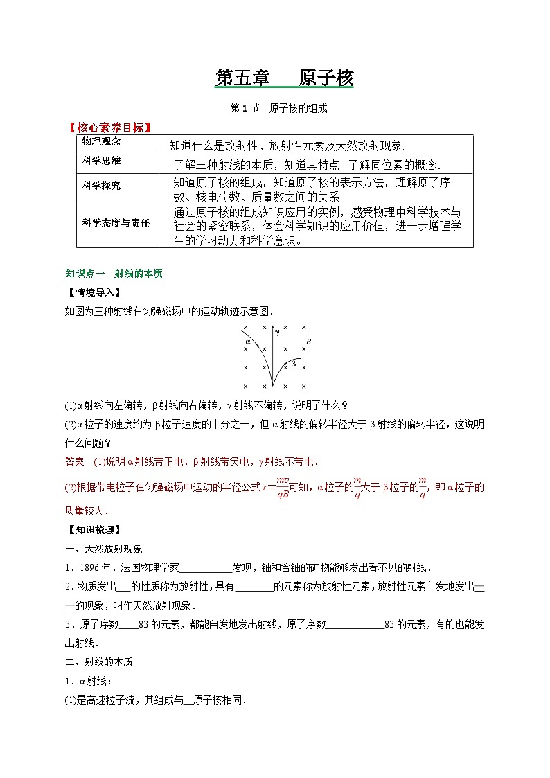（人教2019选择性必修第三册 ）高二物理备课必备讲义 5.1原子核的组成（原卷版+解析）第1页