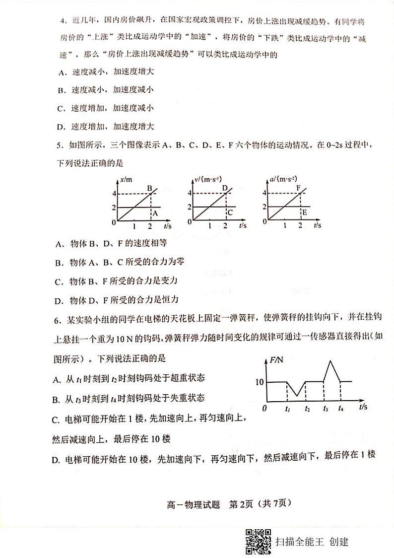山东省淄博市2020-2021学年高一上学期期末考试物理试题（扫描版）02