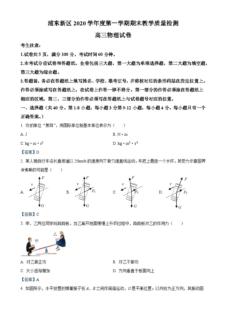 上海市浦东新区2021届高三（上）期末教学质量检测物理试题01