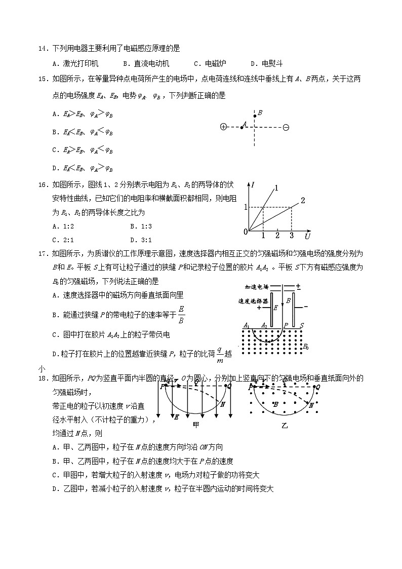 四川省眉山市2020-2021学年高二上学期期末考试理综-物理试题01