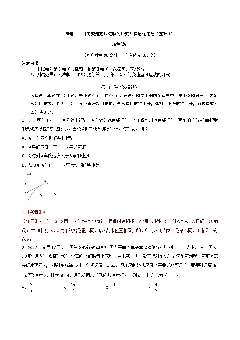 专题二   《匀变速直线运动的研究》信息优化卷（基础A）（解析版）第1页