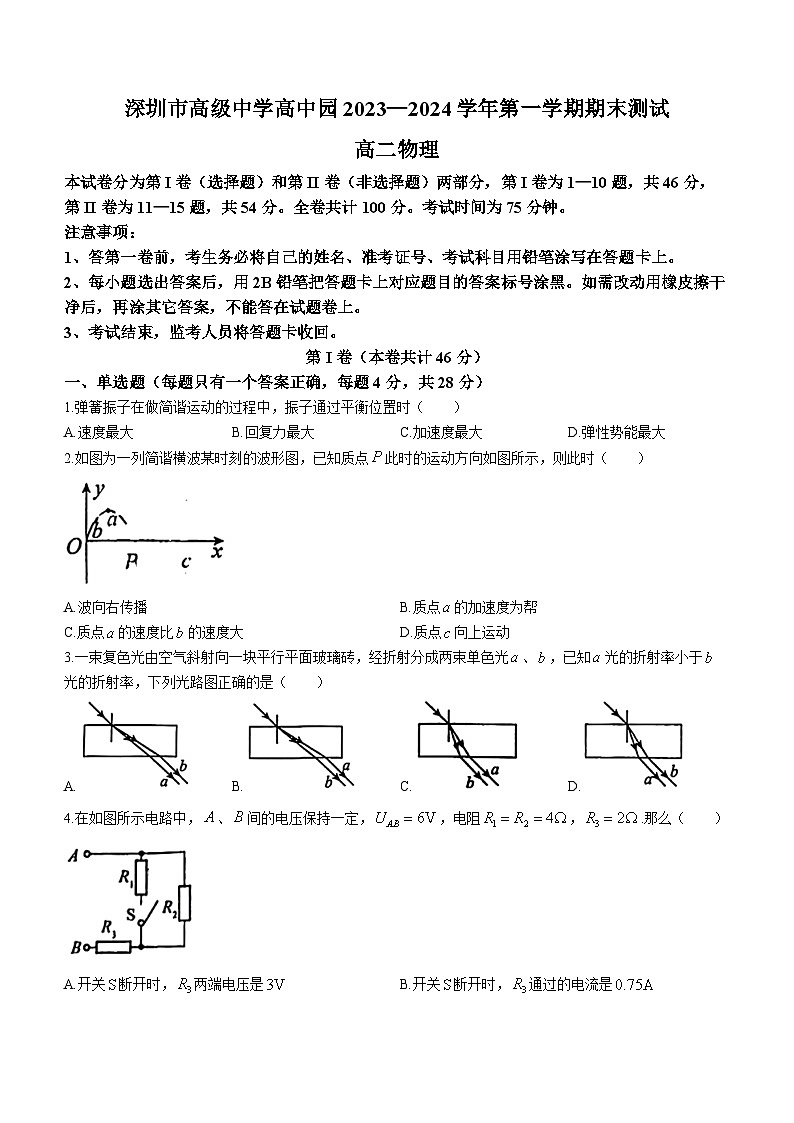 广东省深圳市深圳高级中学高中园2023-2024学年高二上学期期末考试物理考试01