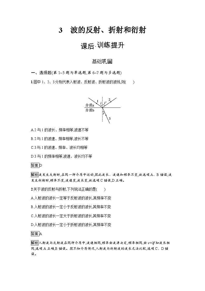 人教版（广西专用）高中物理选择性必修第一册第3章机械波3波的反射、折射和衍射练习含答案第1页