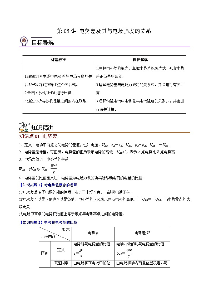 2023-2024学年高二物理同步精品讲义（粤教版2019必修第三册） 第05讲 电势差及其与电场强度的关系（原卷版+解析）01