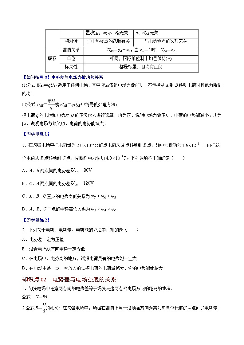 2023-2024学年高二物理同步精品讲义（粤教版2019必修第三册） 第05讲 电势差及其与电场强度的关系（原卷版+解析）02