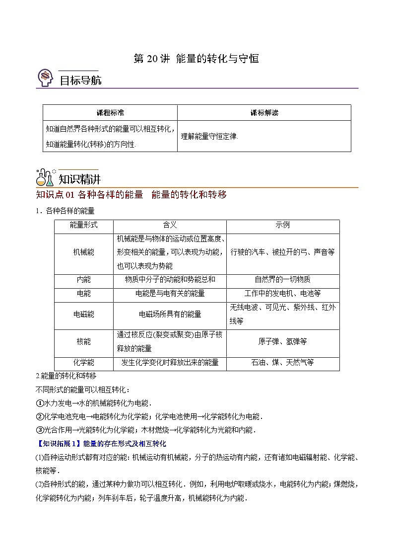 2023-2024学年高二物理同步精品讲义（粤教版2019必修第三册） 第20讲 能量的转化与守恒（原卷版+解析）01