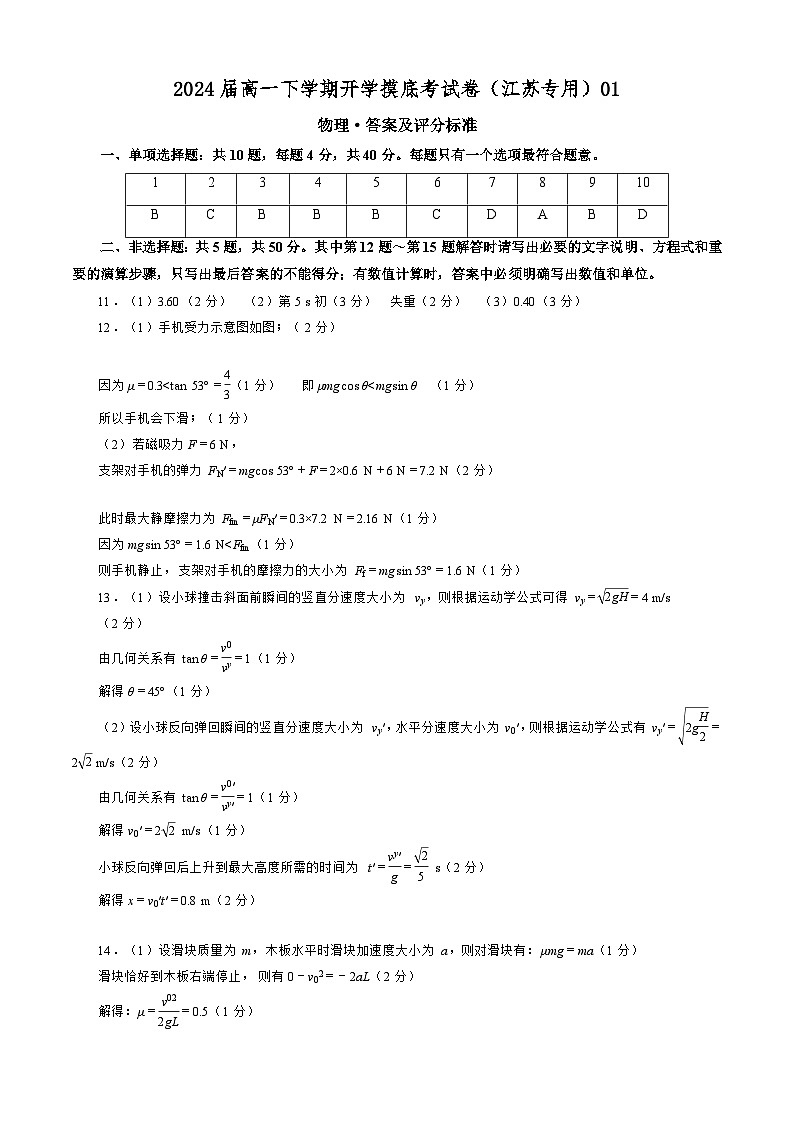 【开学摸底考】高一物理（江苏专用）（人教版2019：必修第一册+必修第二册第五、六章）-2023-2024学年高中下学期开学摸底考试卷.zip01