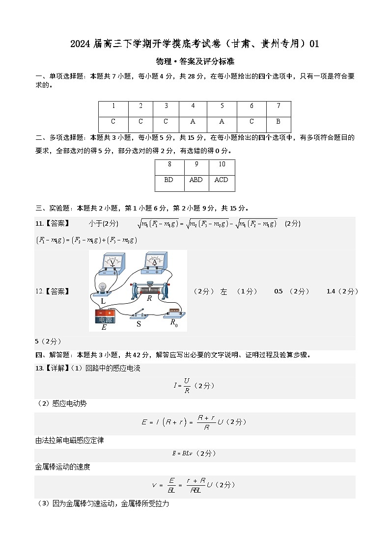 【开学摸底考】高三物理（甘肃、贵州专用）-2023-2024学年高中下学期开学摸底考试卷.zip01