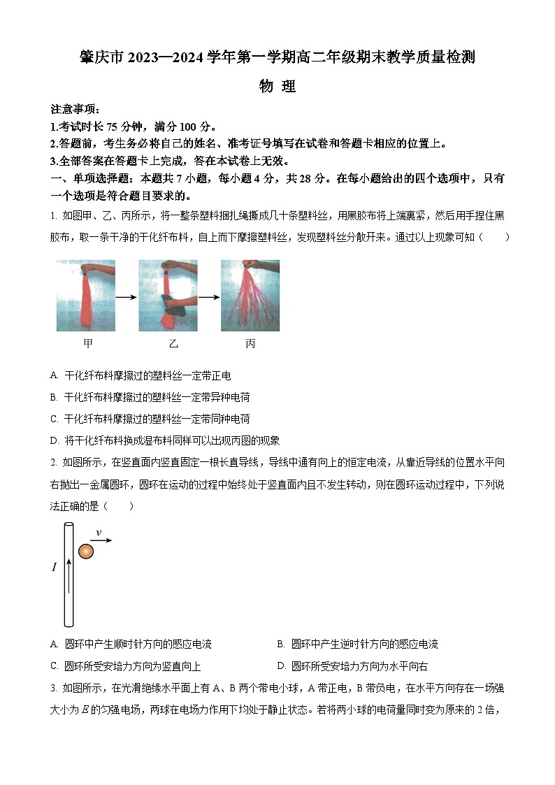 2024肇庆高二上学期期末试题物理含解析第1页