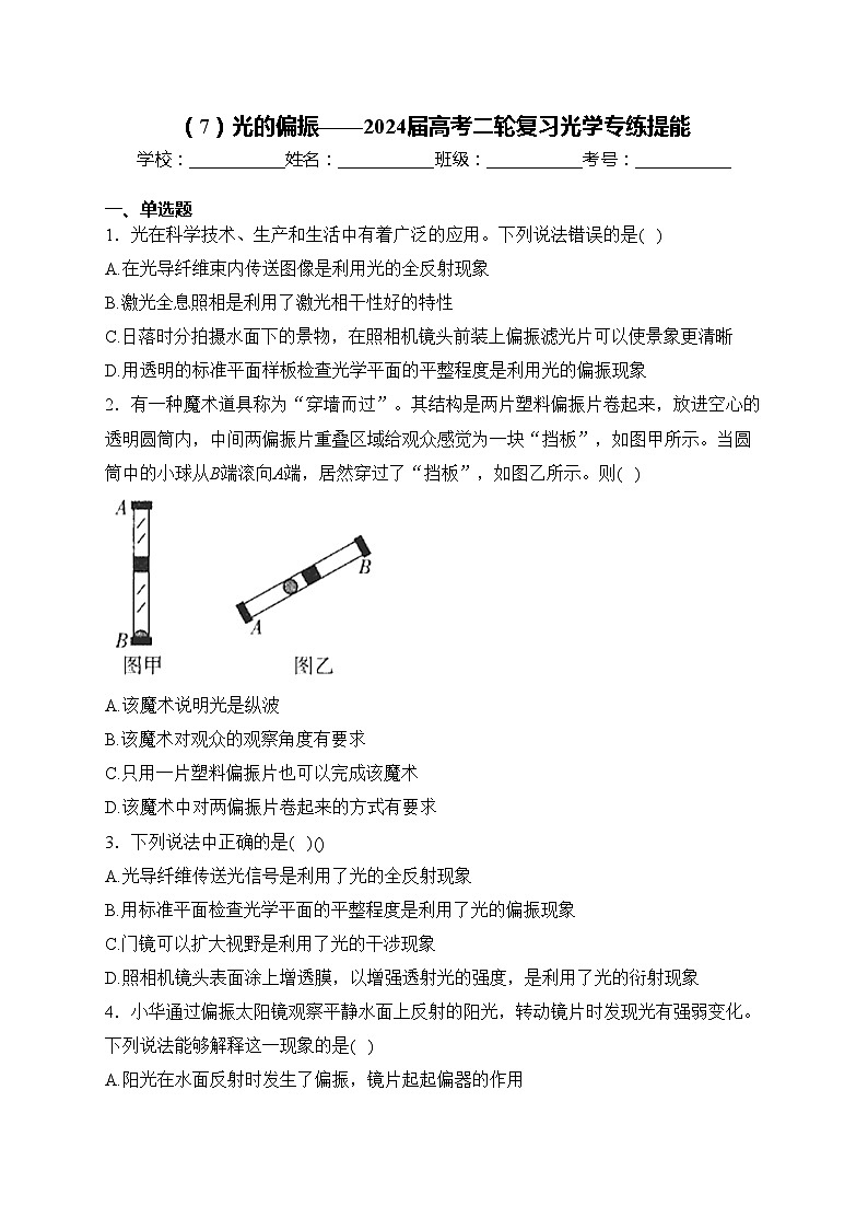 （7）光的偏振——2024届高考二轮复习光学专练提能(含答案)第1页
