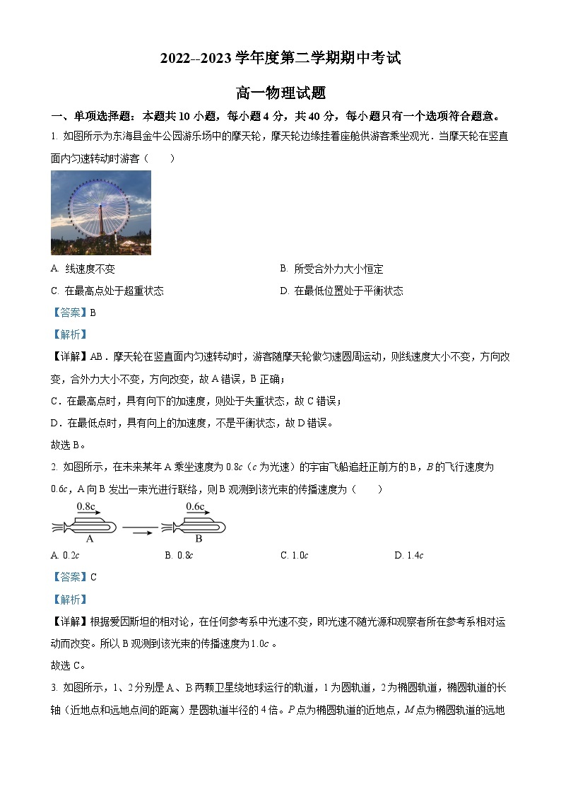 2022-2023学年江苏省连云港市东海县高一下学期期中物理试题01