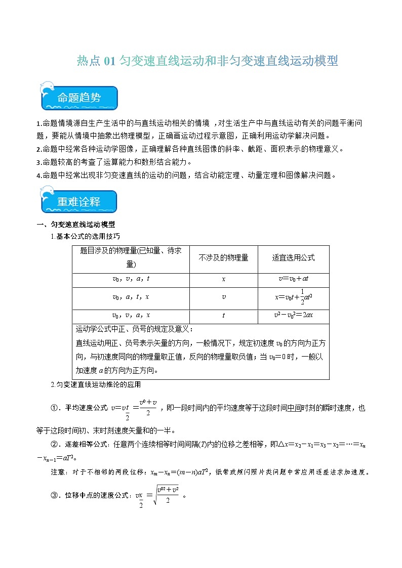 热点01 匀变速直线运动和非匀变速直线运动模型-2024年高考物理【热点·重难点】专练（新高考专用）01