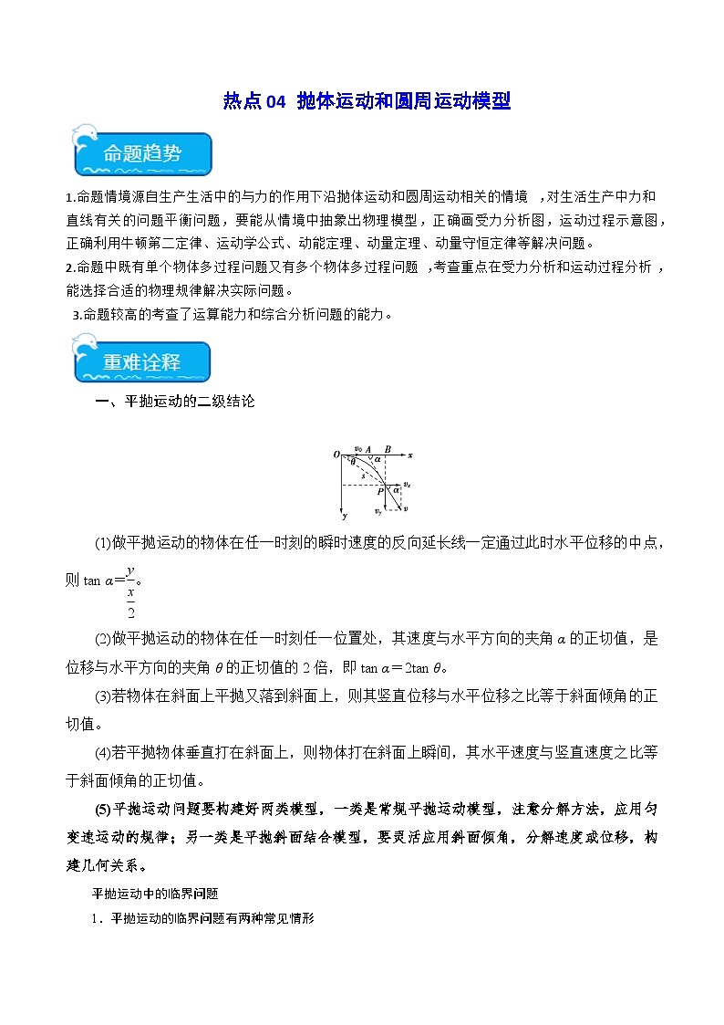 热点04 平抛及圆周中的临界问题、轻绳轻杆模型-2024年高考物理【热点·重难点】专练（新高考专用）01