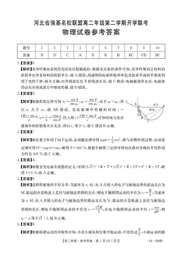 河北2023-2024强基名校联盟高二年级下学期开学联考物理试题01