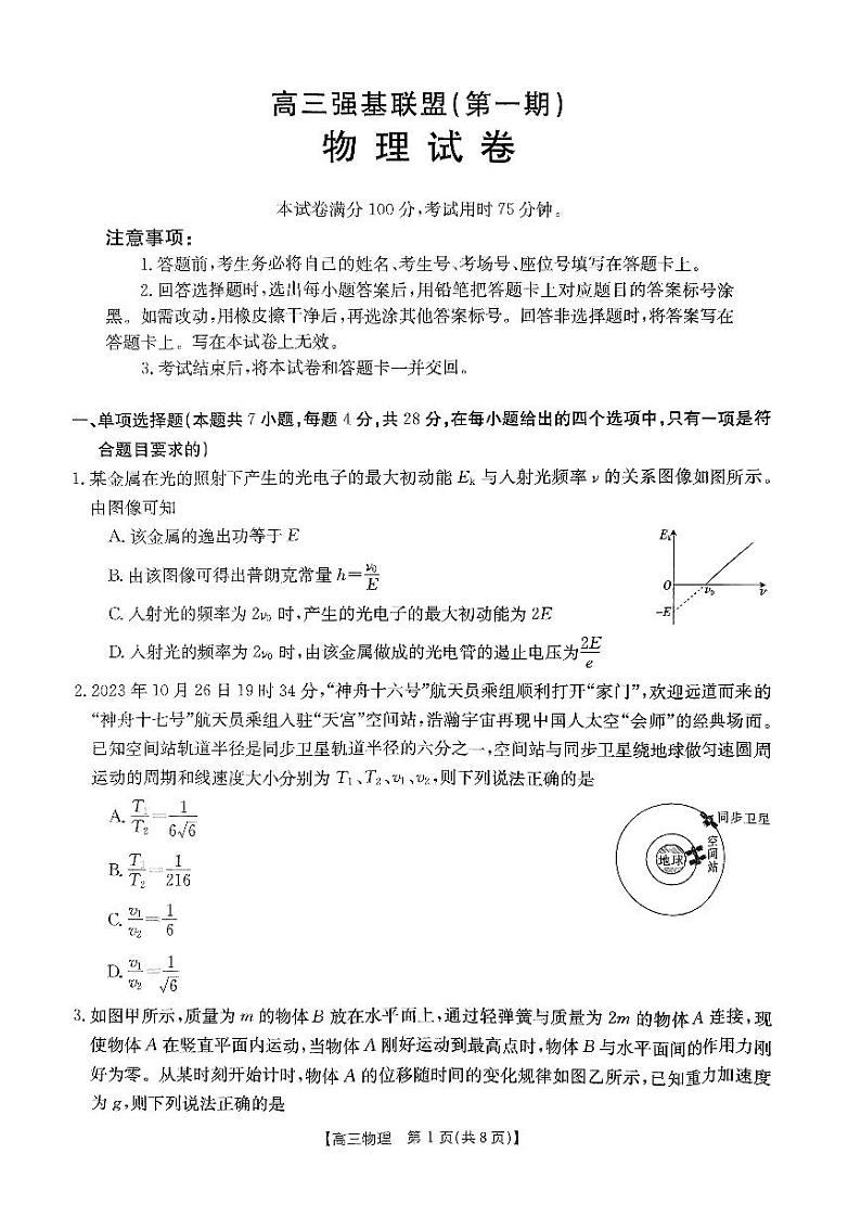 河北省2023-2024强基名校联盟高三年级下学期开学联考物理试题第1页
