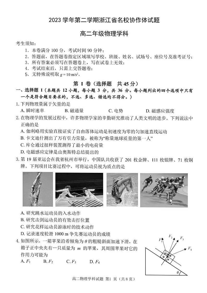 浙江省名校协作体2023-2024学年高二下学期2月月考物理试题第1页