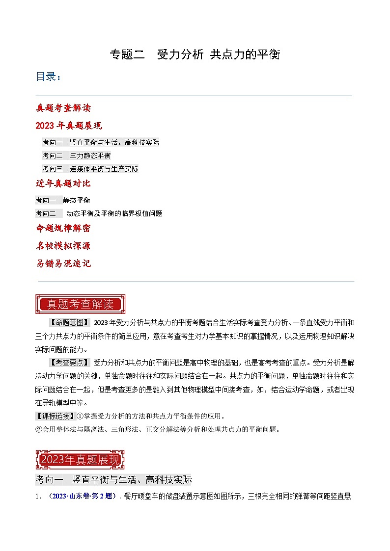 专题02 受力分析 共点力的平衡（原卷版）第1页