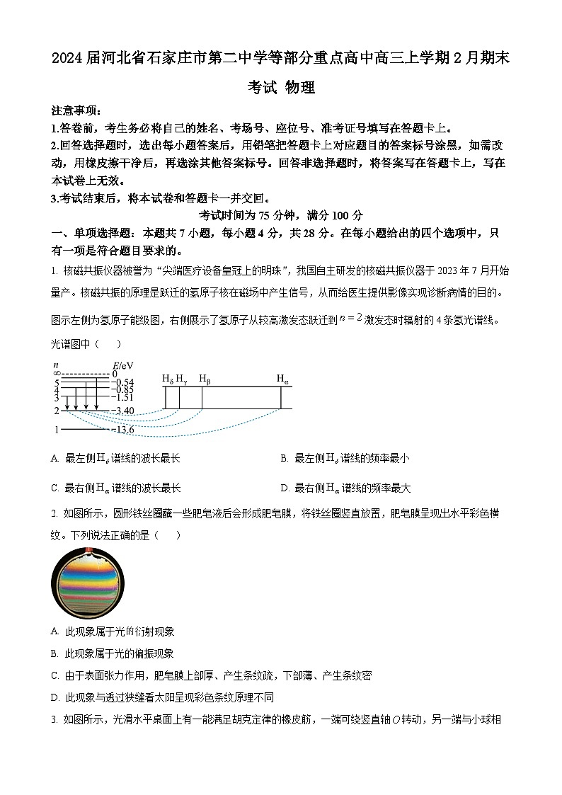2024届河北省石家庄市第二中学等部分重点高中高三上学期2月期末考试 物理 Word版01