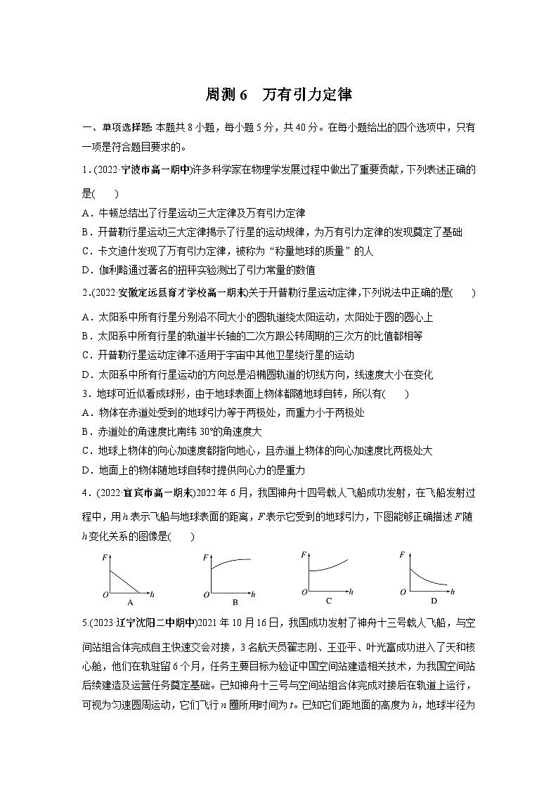 高中物理必修二 周周测周测6　万有引力定律01