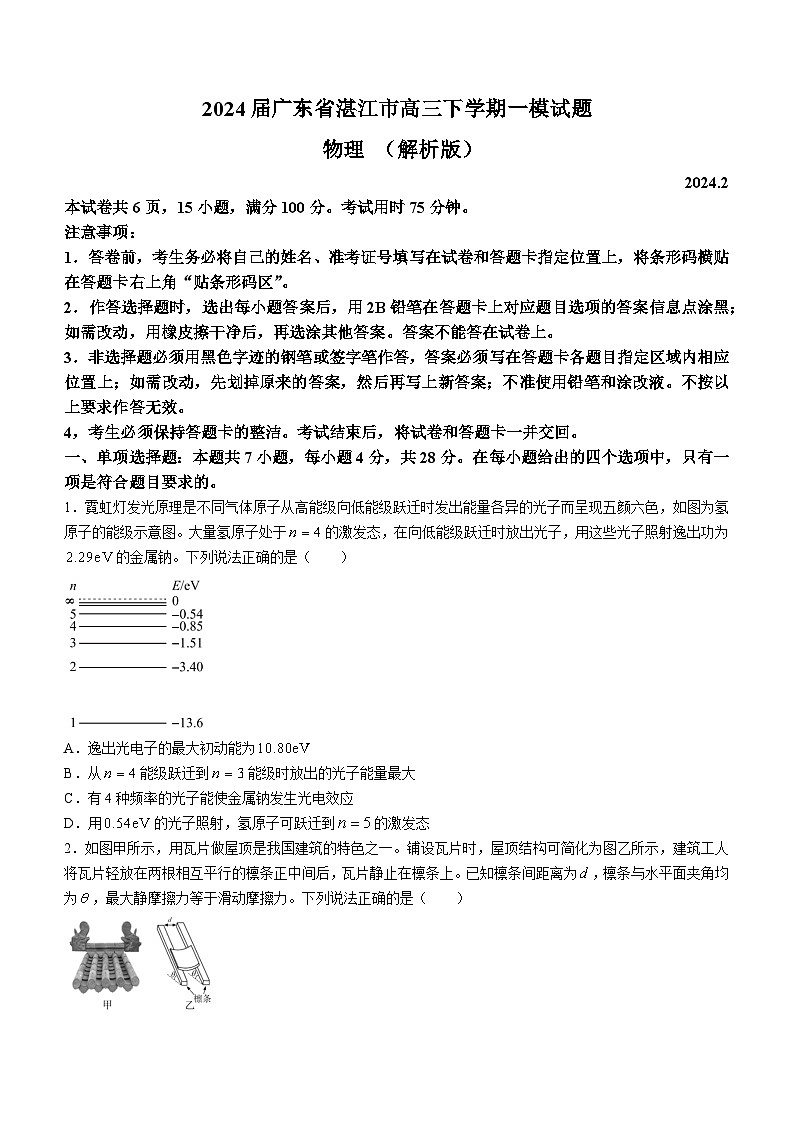 2024届广东省湛江市高三下学期一模试题 物理 （解析版）第1页