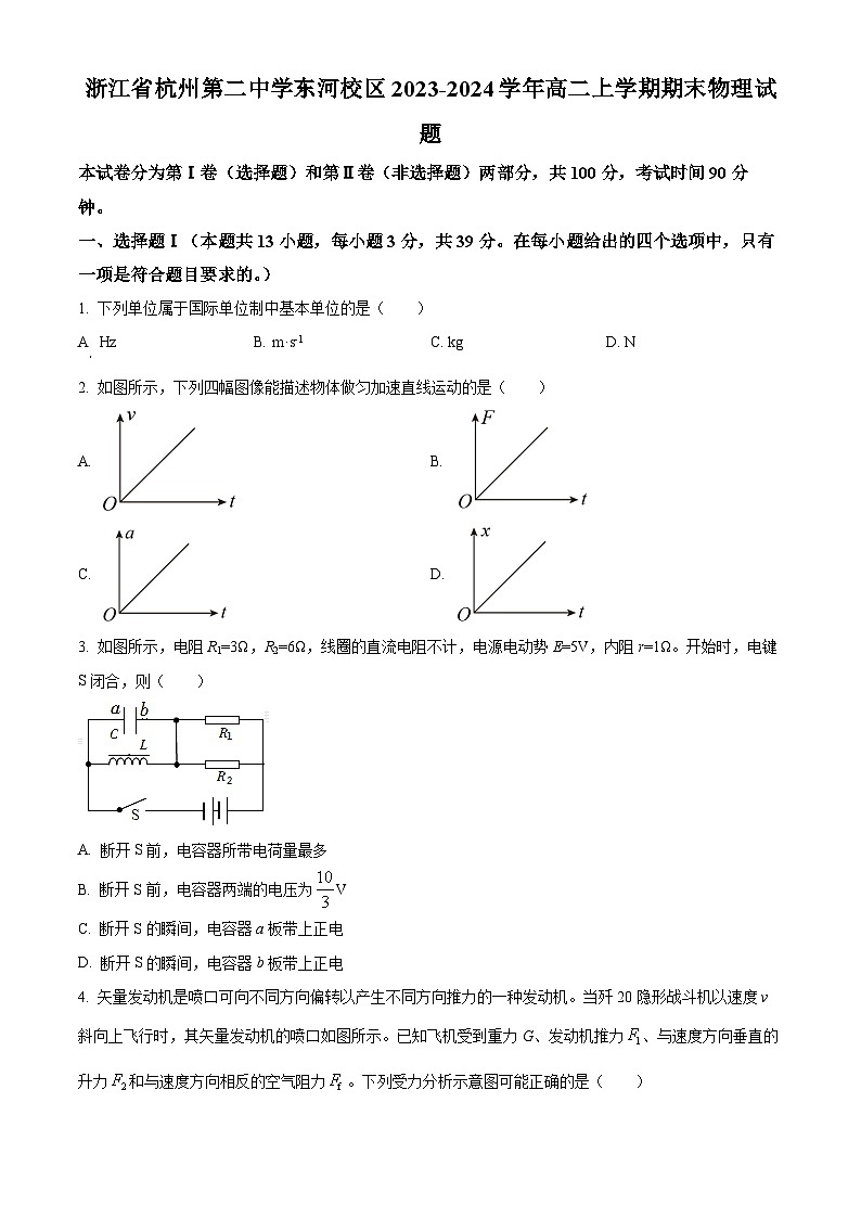 精品解析：浙江省杭州第二中学东河校区2023-2024学年高二上学期期末物理试题（原卷版）第1页