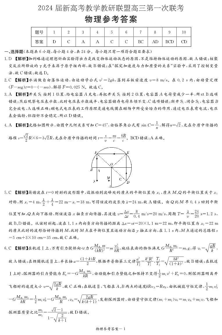 物理答案（联考一）第1页