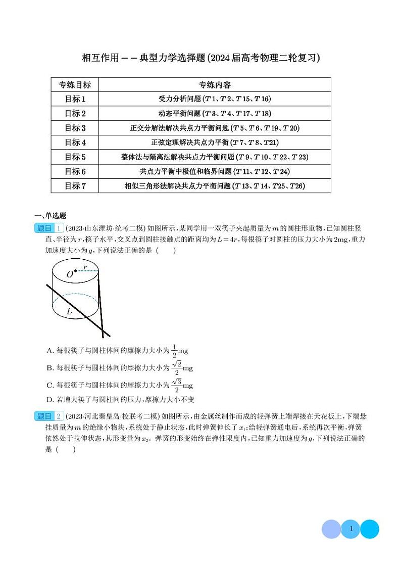 相互作用--典型力学选择题（2024届高考物理二轮复习）01