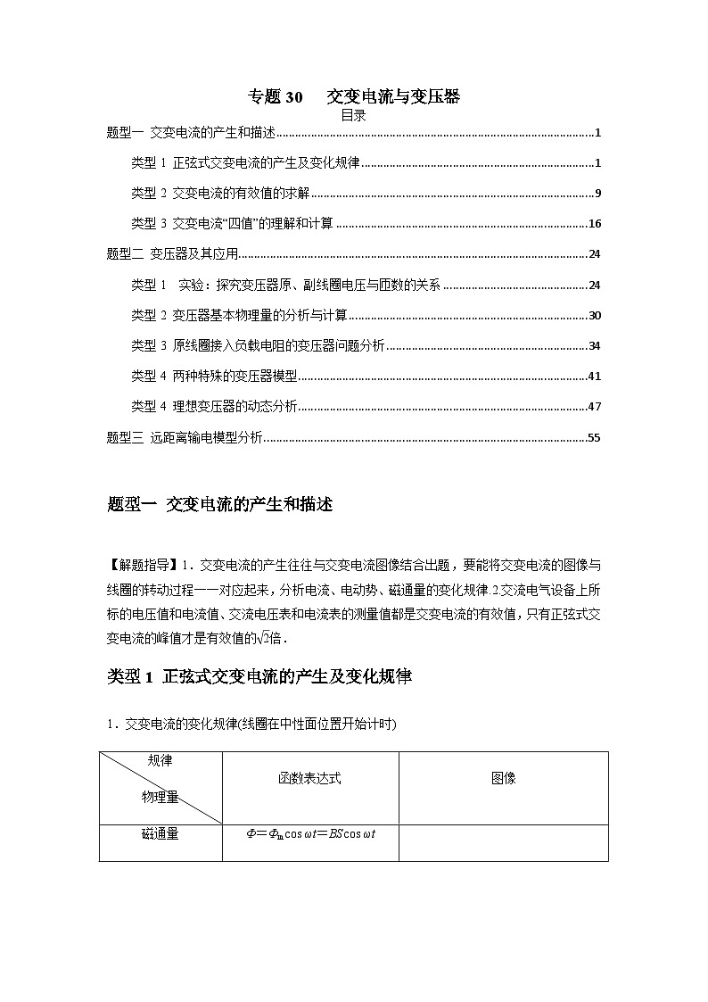 2024届高考物理一轮复习热点题型归类训练专题30交变电流与变压器(原卷版+解析)01