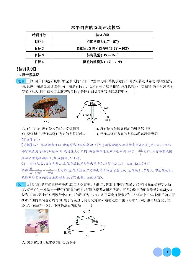 水平面内的圆周运动模型（解析版）第1页