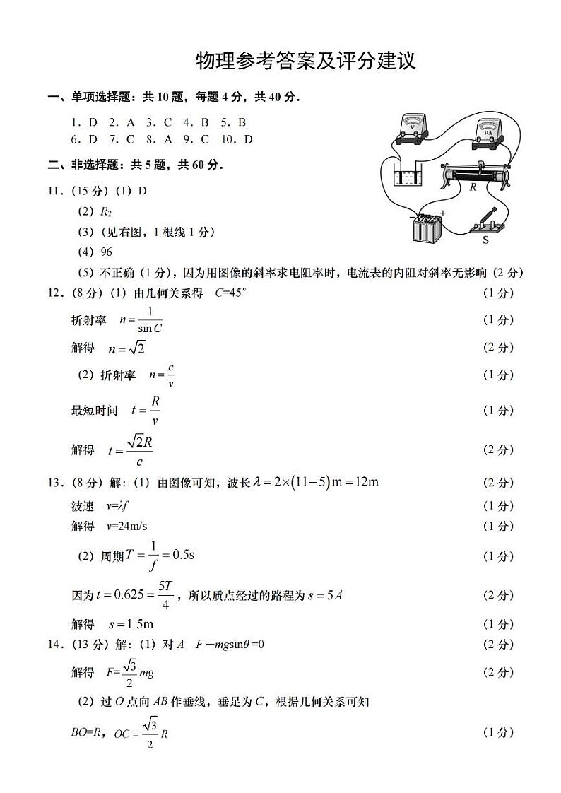 江苏省南通市如皋市2023-2024学年高三下学期2月适应性考试（一）物理答案第1页