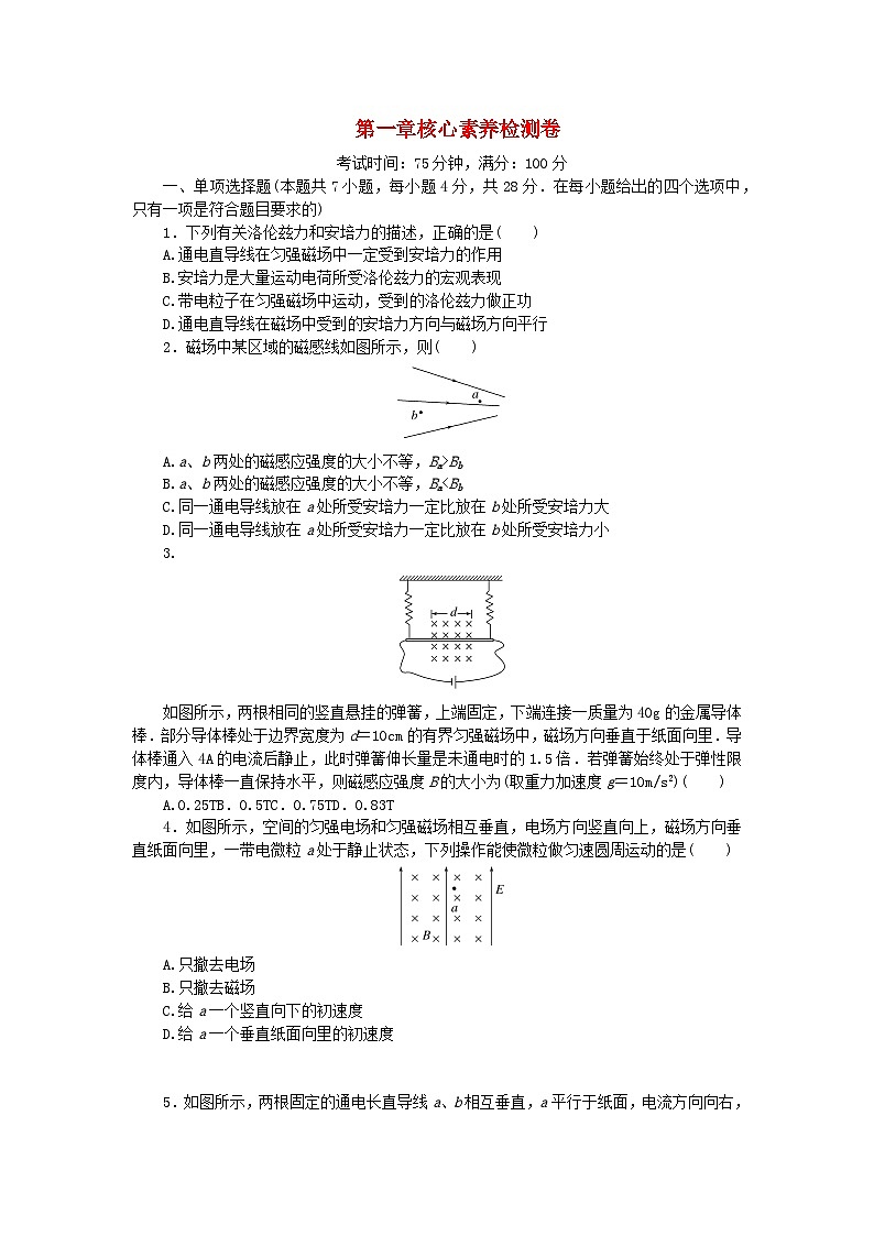 2023版新教材高中物理第一章磁吃电流的作用核心素养检测卷教科版选择性必修第二册01