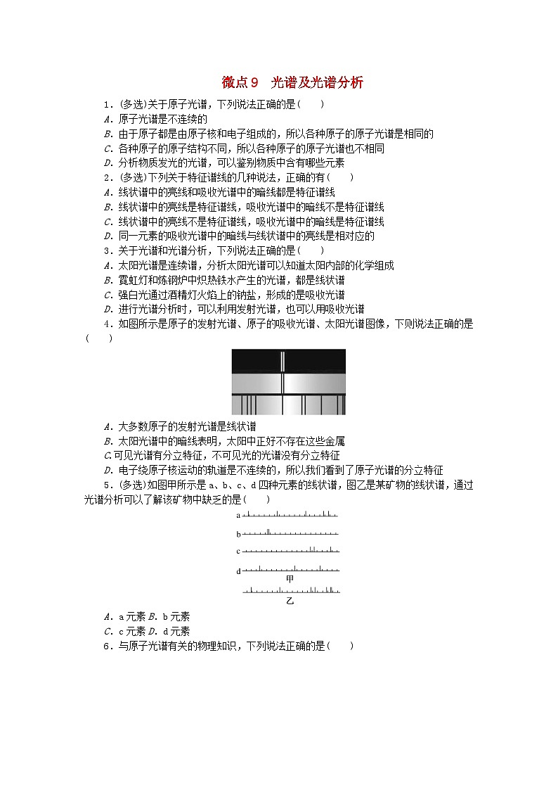 2023版新教材高中物理第四章原子结构和波粒二象性微点9光谱及光谱分析课时作业新人教版选择性必修第三册第1页