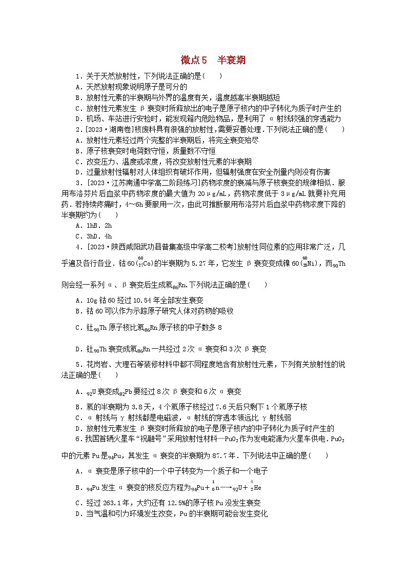 2023版新教材高中物理第五章原子核微点5半衰期课时作业新人教版选择性必修第三册01