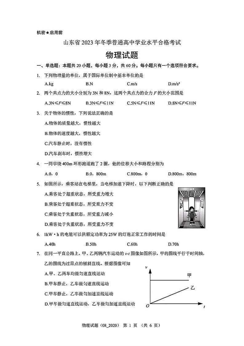 山东省2023年冬季普通高中学业水平合格考试物理试题01