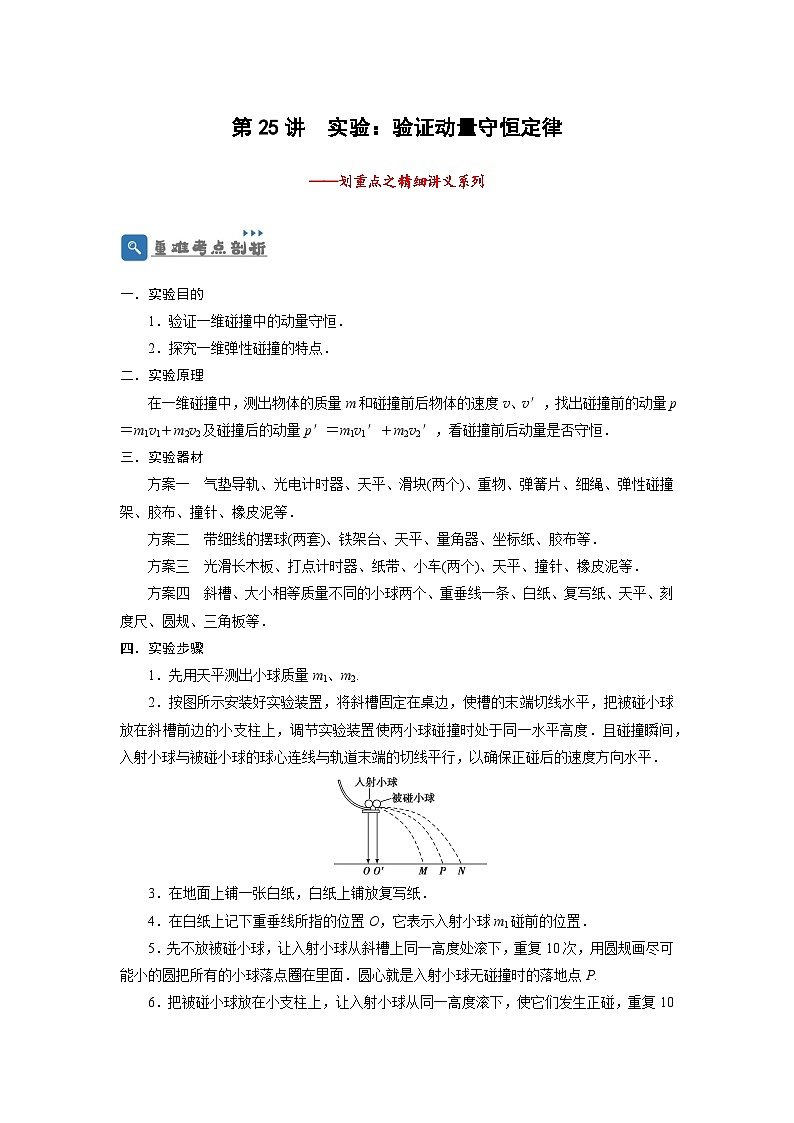 2024年物理高考一轮复习精细讲义第25讲　实验：验证动量守恒定律(原卷版+解析)第1页