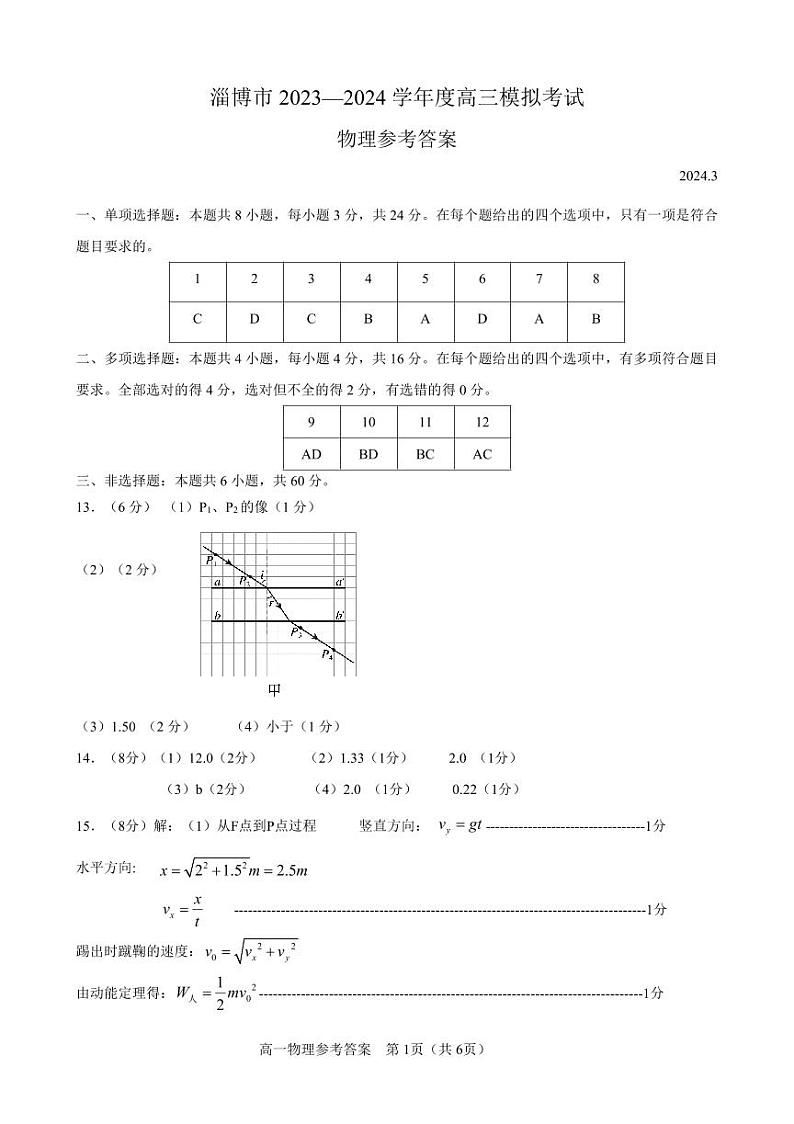 2024届山东省淄博市高三下学期一模考试物理答案第1页